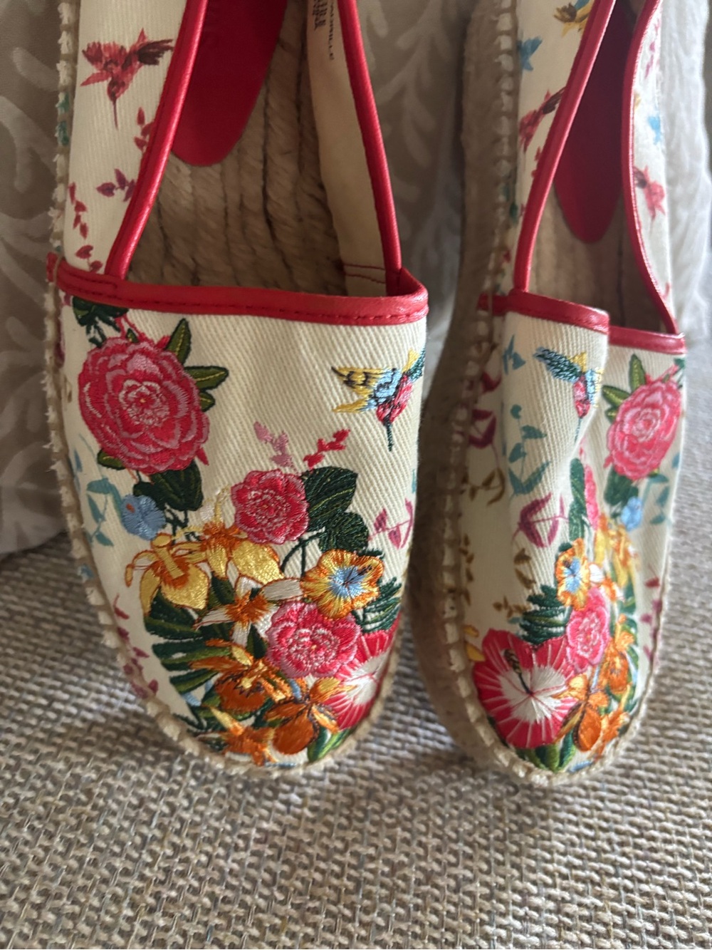 Johnny Was Cream Espadrilles with Red Trim and Multicolor Floral Embroidery